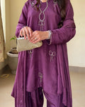 Embellished Russian Silk Farshi Set – Zarqasha, Deep Plum