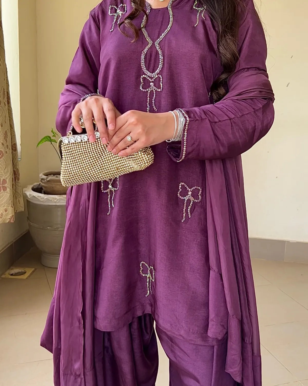 Embellished Russian Silk Farshi Set – Zarqasha, Deep Plum