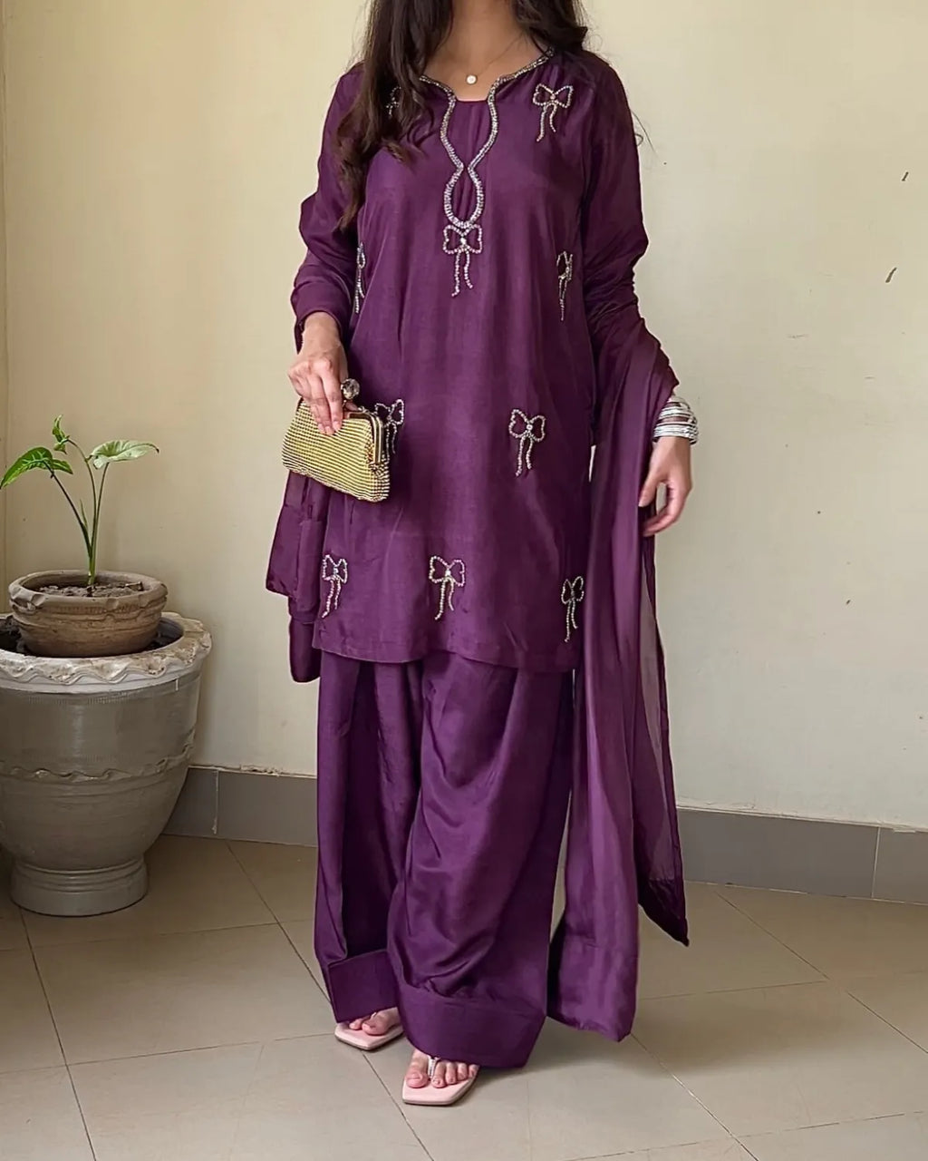 Embellished Russian Silk Farshi Set – Zarqasha, Deep Plum