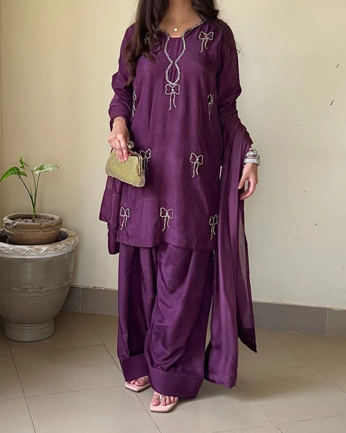 Embellished Russian Silk Farshi Set – Zarqasha, Deep Plum