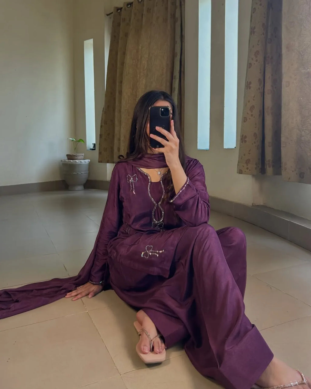 Embellished Russian Silk Farshi Set – Zarqasha, Deep Plum