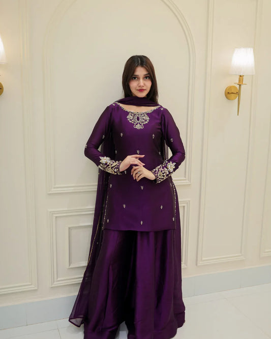 A woman modeling a deep purple traditional outfit with silver embroidery, standing against a cream-colored paneled wall with wall sconces.