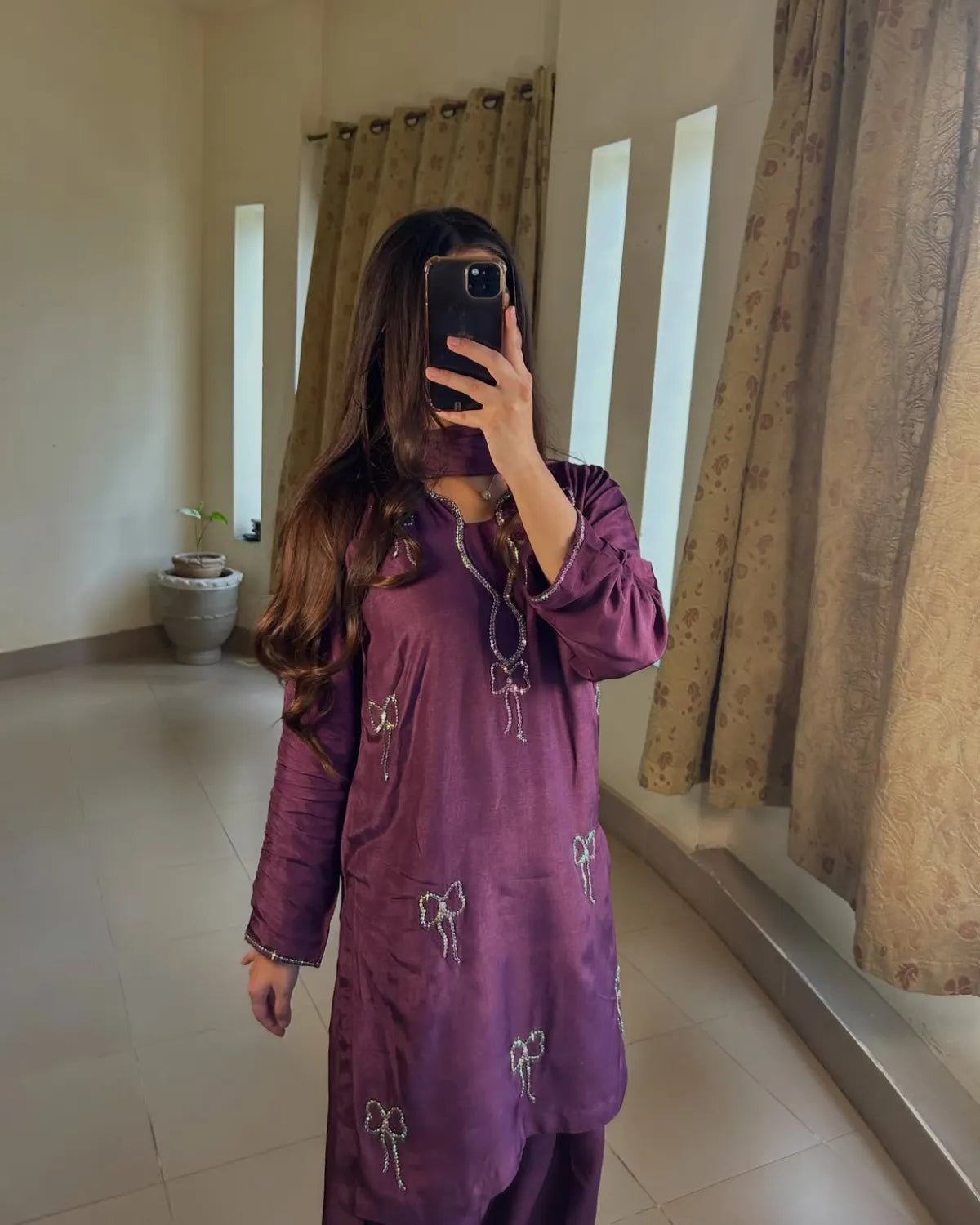Embellished Russian Silk Farshi Set – Zarqasha, Deep Plum