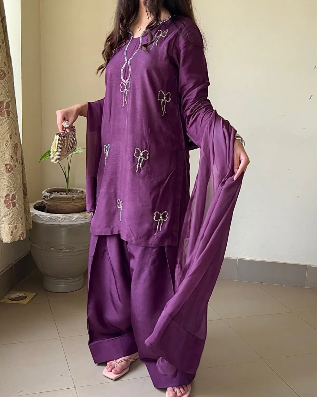 Embellished Russian Silk Farshi Set – Zarqasha, Deep Plum