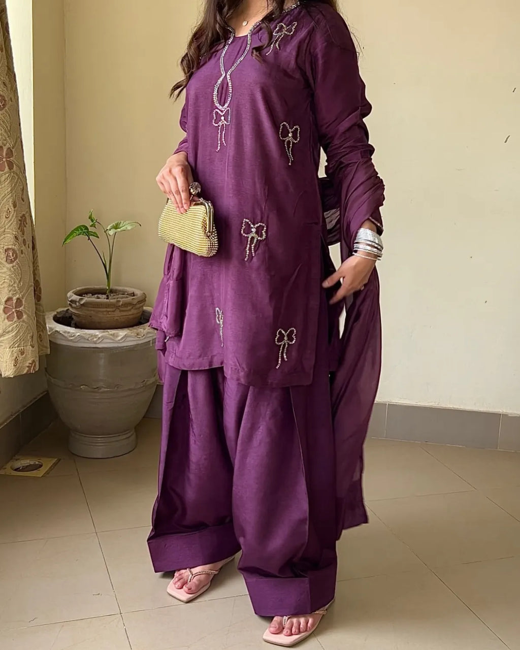 Embellished Russian Silk Farshi Set – Zarqasha, Deep Plum
