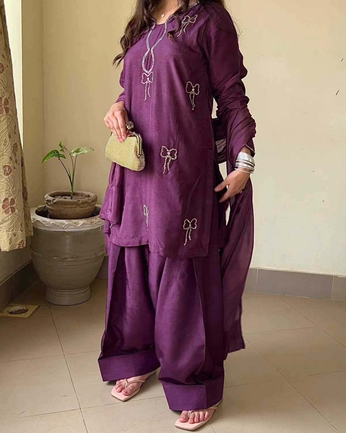 Embellished Russian Silk Farshi Set – Zarqasha, Deep Plum