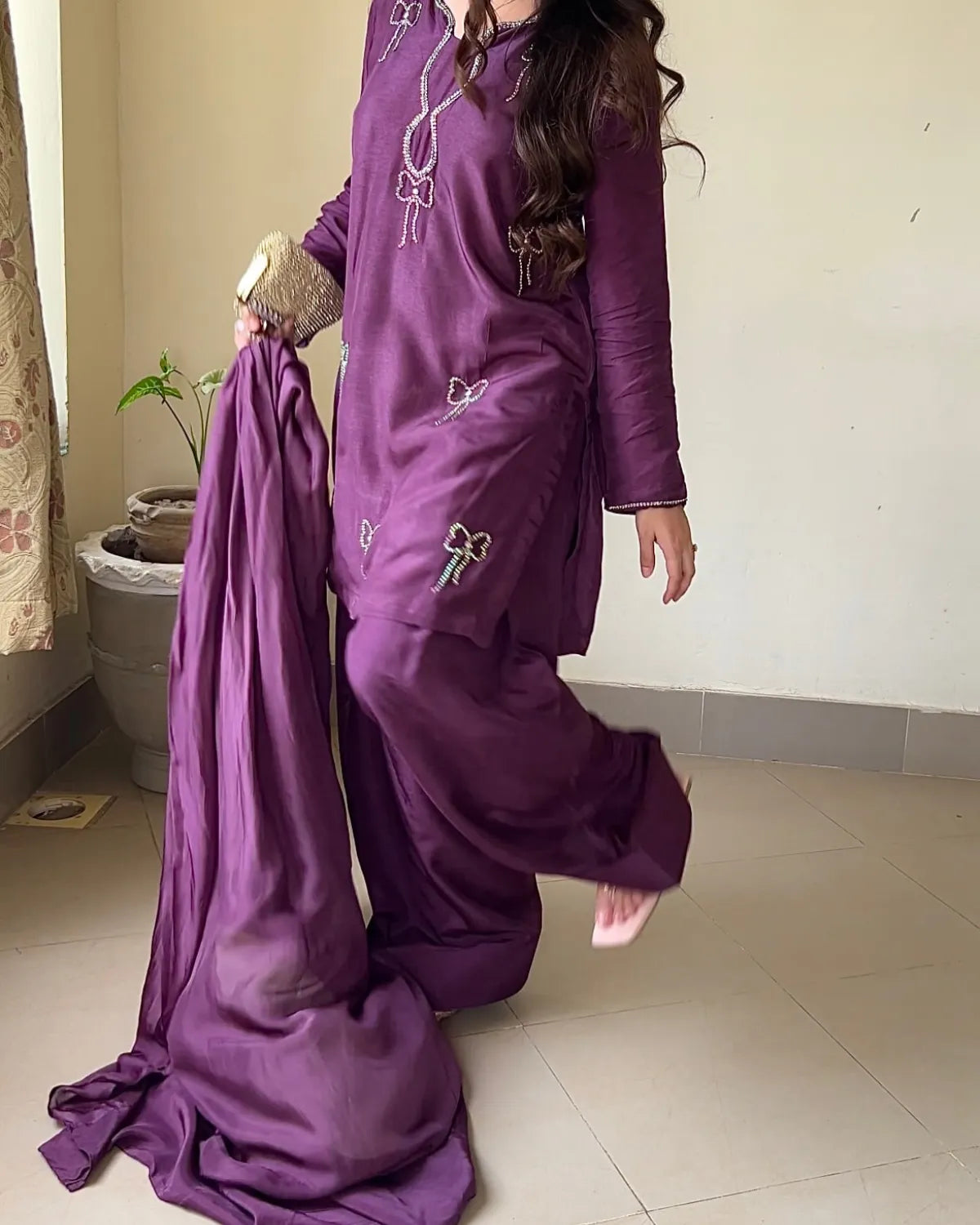 Embellished Russian Silk Farshi Set – Zarqasha, Deep Plum