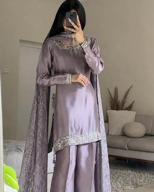 Russian Silk Party Wear – Silver Mist