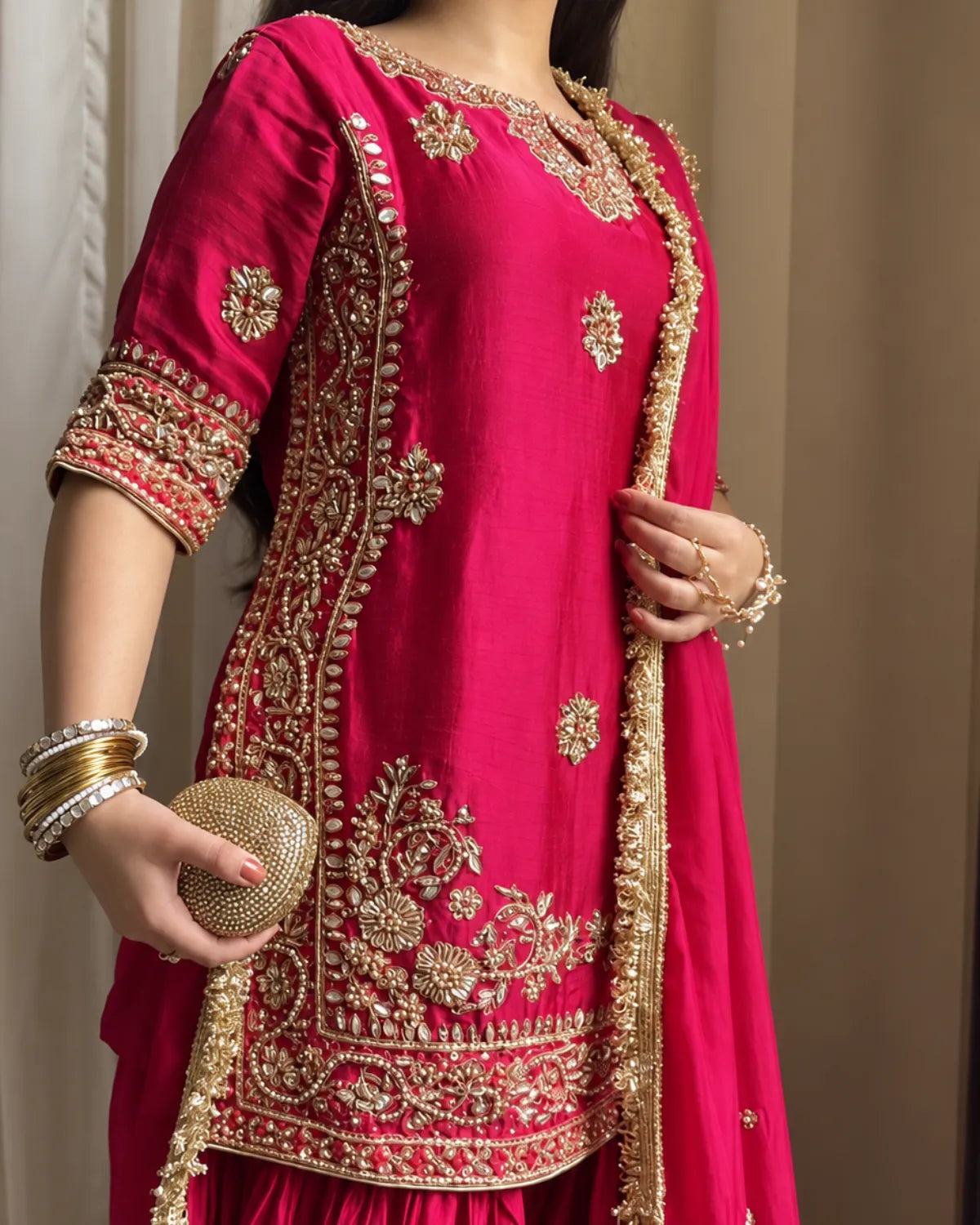 A woman wearing a bright pink traditional outfit with extensive gold embroidery and a matching pink dupatta, accessorized with gold bangles and a gold clutch.