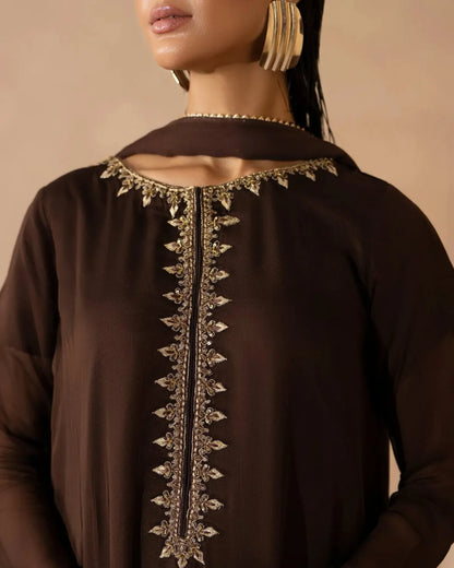 A close-up of a model wearing a dark brown long-sleeve kurta with ornate gold embroidery down the center front and around the neckline, paired with gold-toned earrings against a warm beige background.