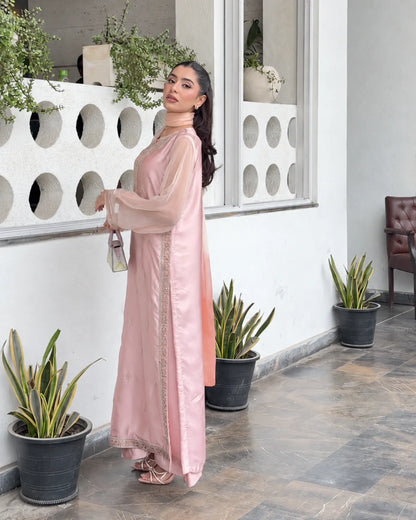 A woman models a light pink traditional outfit with a sheer long-sleeve outer layer and embroidered details, standing in a modern outdoor corridor with potted plants.