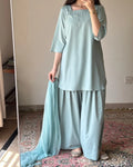 A woman wearing a light blue-green traditional three-piece outfit with a matching dupatta, standing in a room with a patterned rug and mirror.