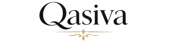The brand name 'Qasiva' is displayed in a black serif font, with a small gold decorative flourish underneath, set against a solid white background.
